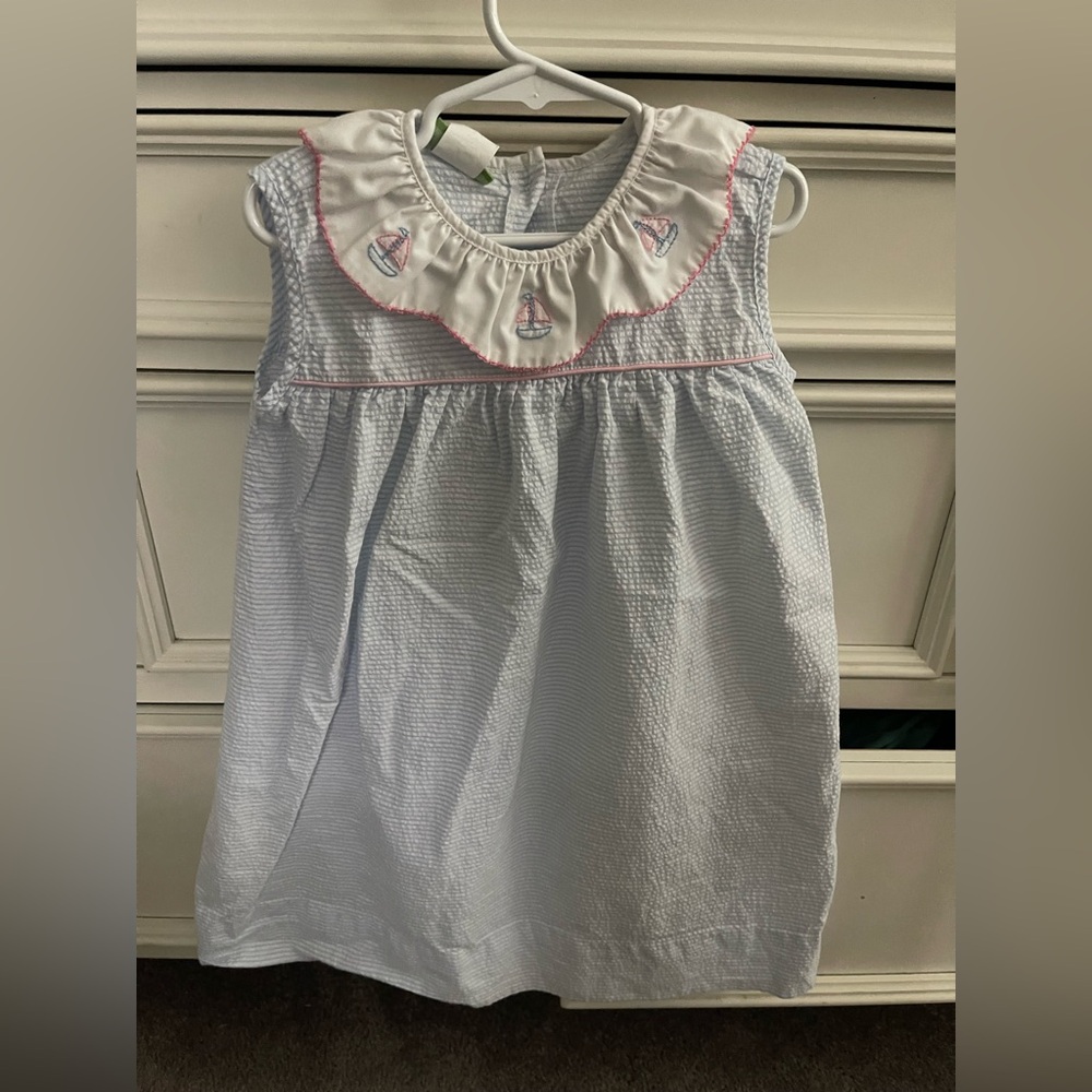 Classic Whimsy Blue and White Striped Seer Sucker Dress with Sailboat Embroidery